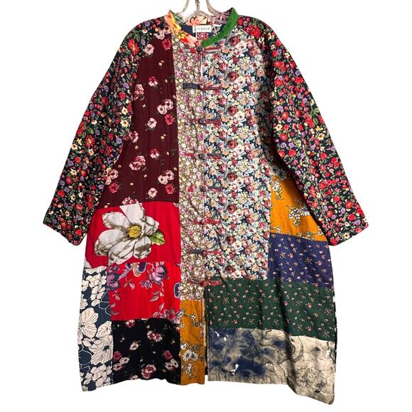 Luan Zai Jiang Kimono Coat O/S Patchwork Quilted Asian Knot Button Bohemian NWT - Picture 2 of 14